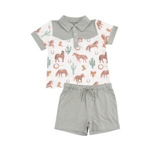 NWT Angel Dear Green Western Horses Bamboo Set/Outfit Polo Top & Shorts Size 4T